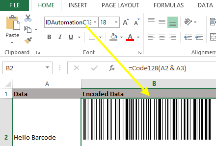 adding code 128 font excel